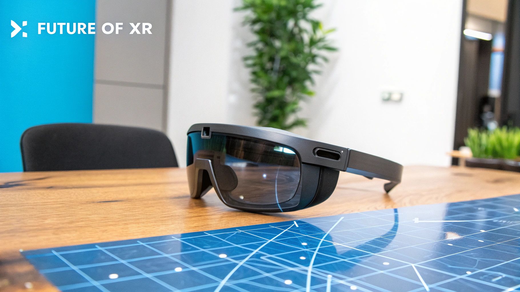 A person interacting with a futuristic, holographic XR interface.