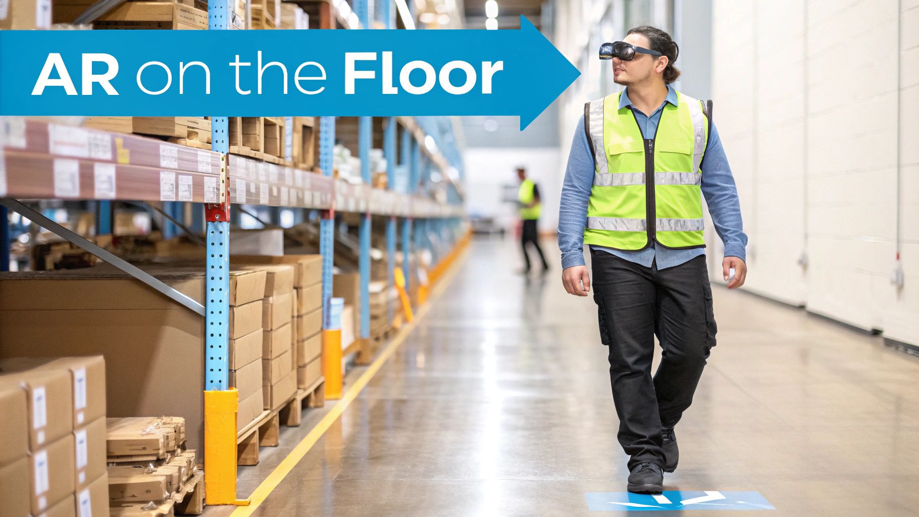 A worker wearing AR goggles and a safety vest walks through a modern warehouse aisle.