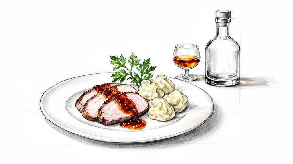 Ilustracja przedstawiająca plasterki pieczonego schabu z sosem, kluski, natkę pietruszki, szklankę alkoholu i butelkę.