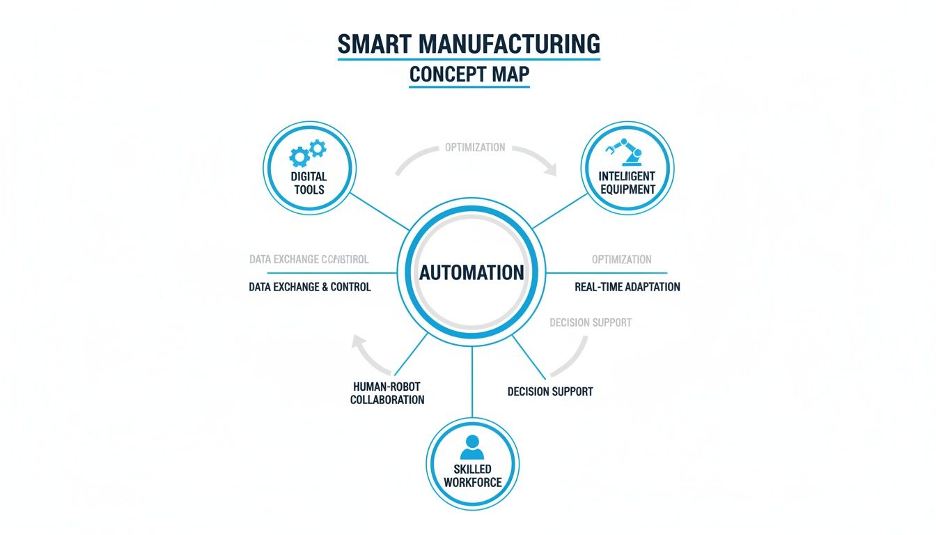 Concept map illustrating smart manufacturing automation, its digital tools, intelligent equipment, and skilled workforce.