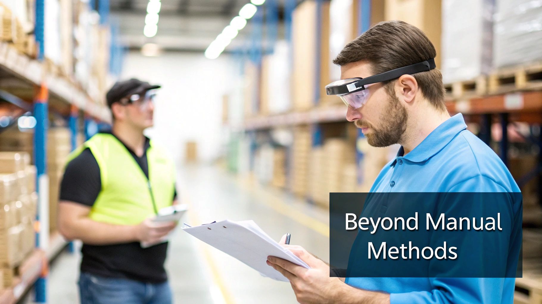 Warehouse workers wearing augmented reality smart glasses reviewing inventory on clipboard in modern distribution center