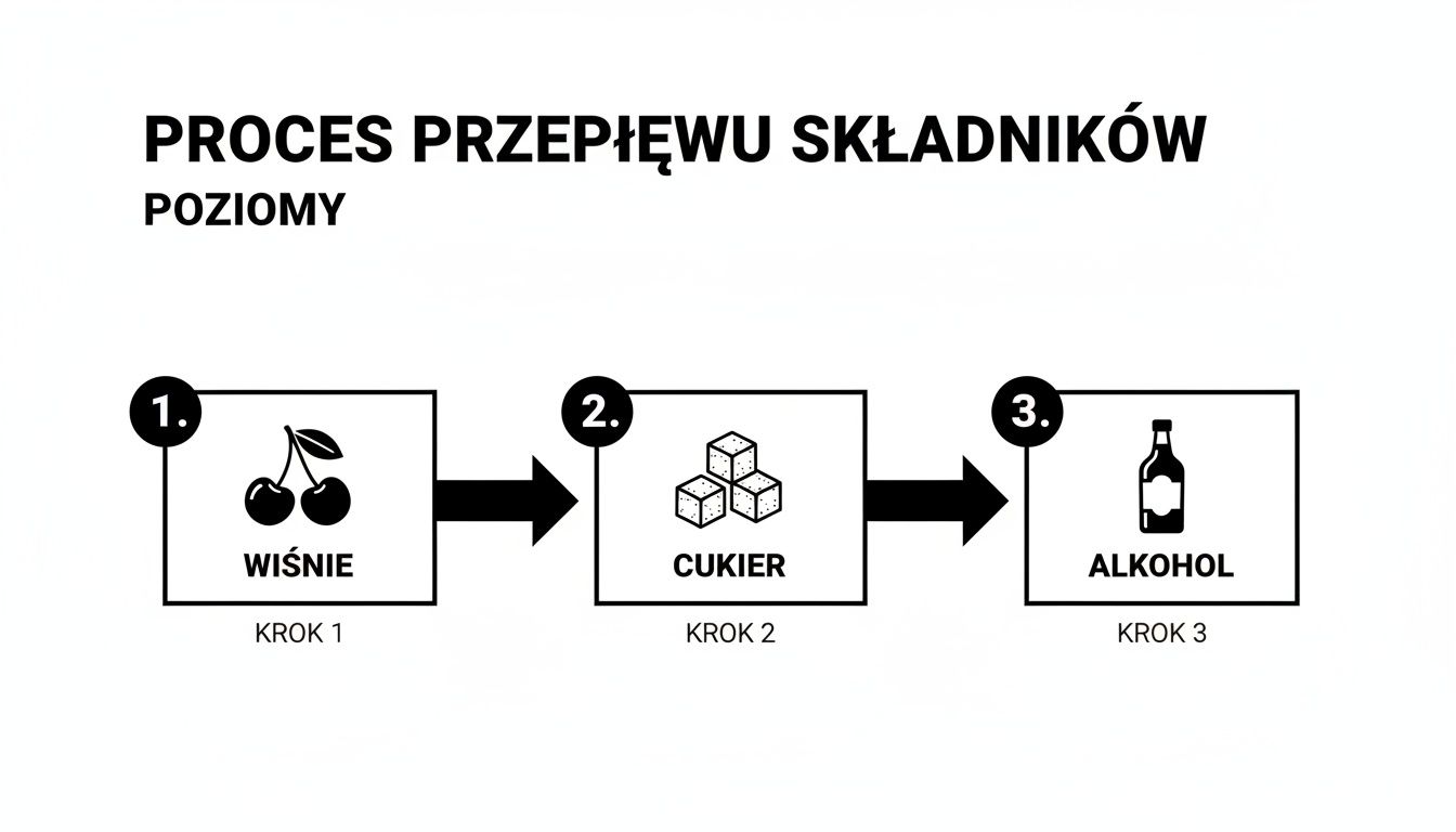 Poziomy schemat procesu przepływu składników: wiśnie, cukier i alkohol w trzech krokach.