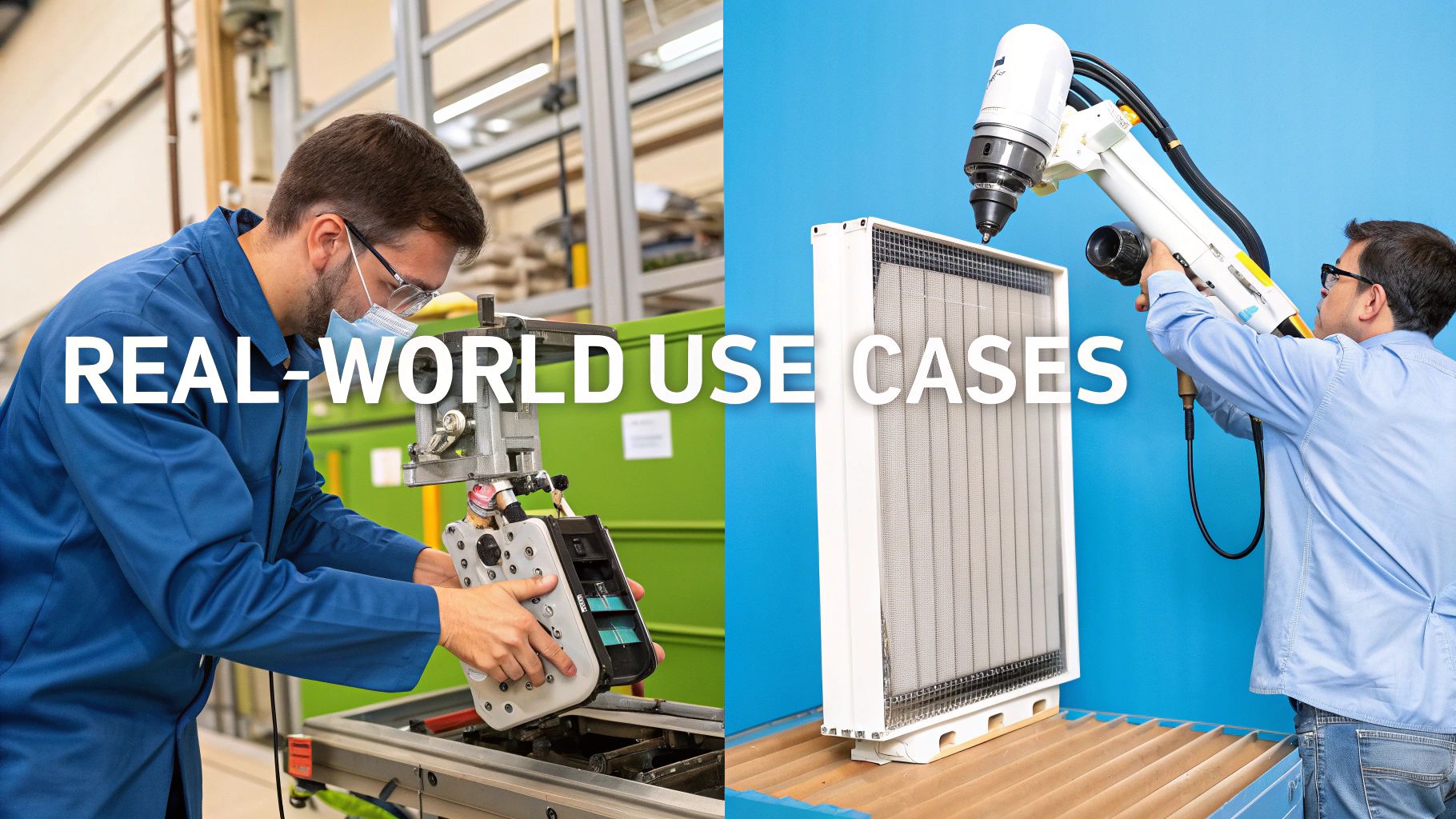 Two men demonstrating real-world industrial use cases with machinery and robotic tools.