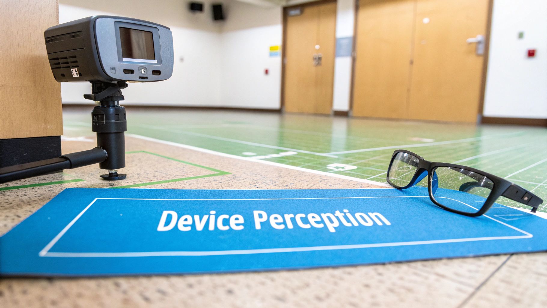 A sensor device on a stand next to a 'Device Perception' sign and glasses on a field-marked floor.