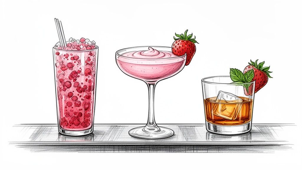 Trzy kolorowe drinki z truskawkami: wysoki koktajl, musujący napój w kieliszku i klasyczny drink z miętą, prezentowane na białym tle.