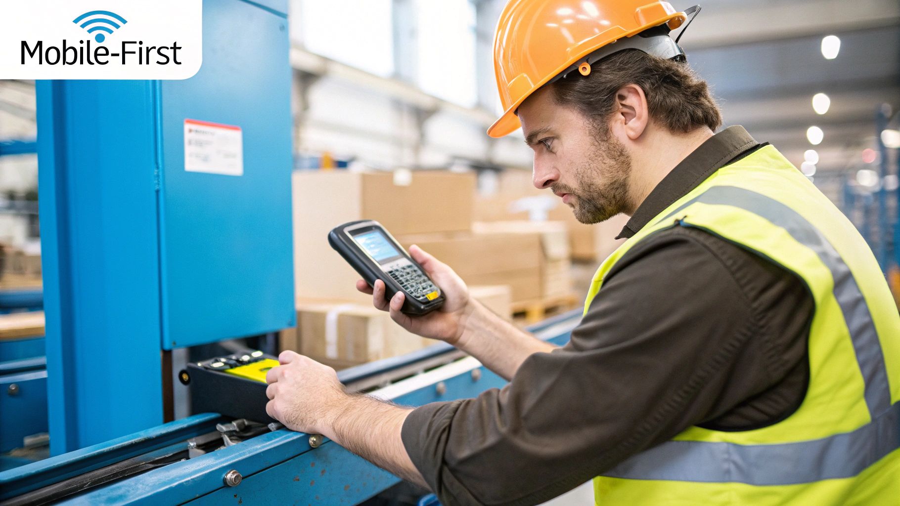 Technik serwisu terenowego używający wytrzymałego tabletu do zarządzania zleceniami pracy na miejscu.
