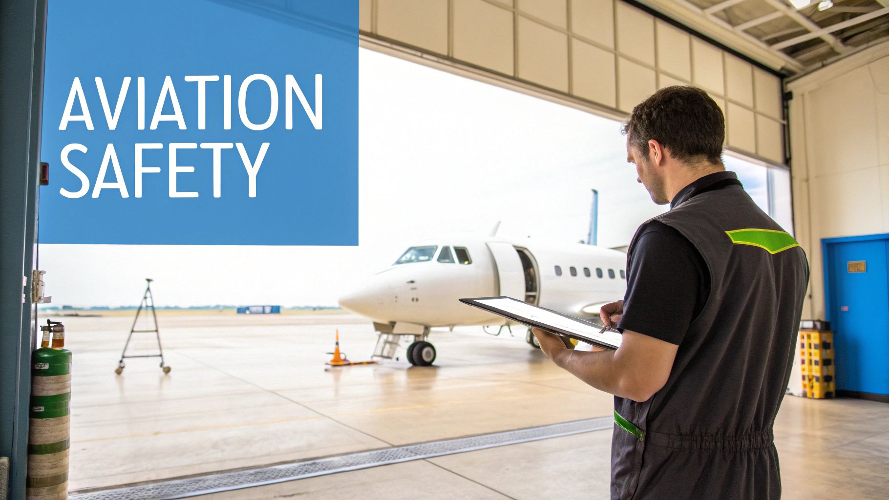 Aviation safety professional performs maintenance checks on a private jet in a hangar.