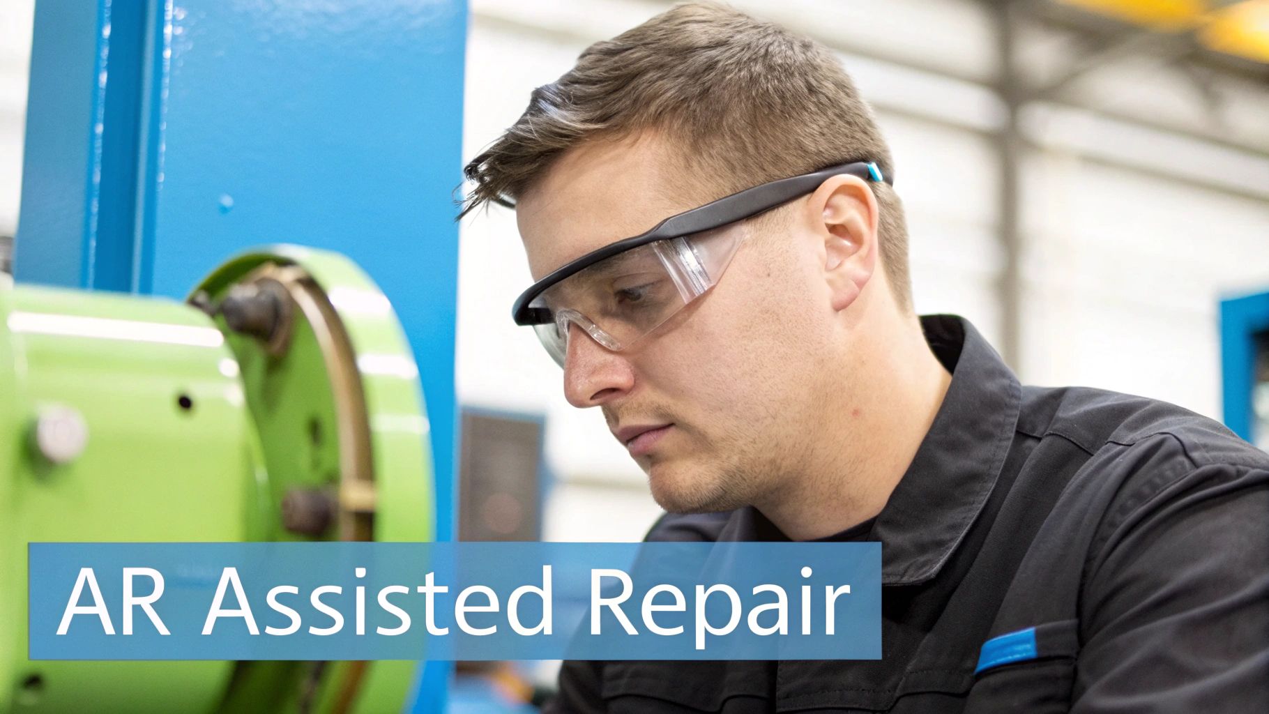 A maintenance technician wearing AR smart glasses and interacting with a digital overlay on a piece of industrial equipment.