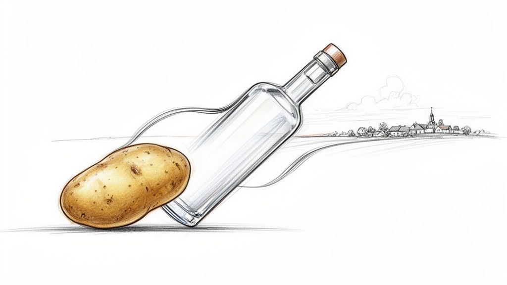 Rysunek przedstawiający ziemniaka, butelkę wódki oraz wiejski krajobraz z kościołem w tle, symbolizujący tradycje produkcji alkoholu.