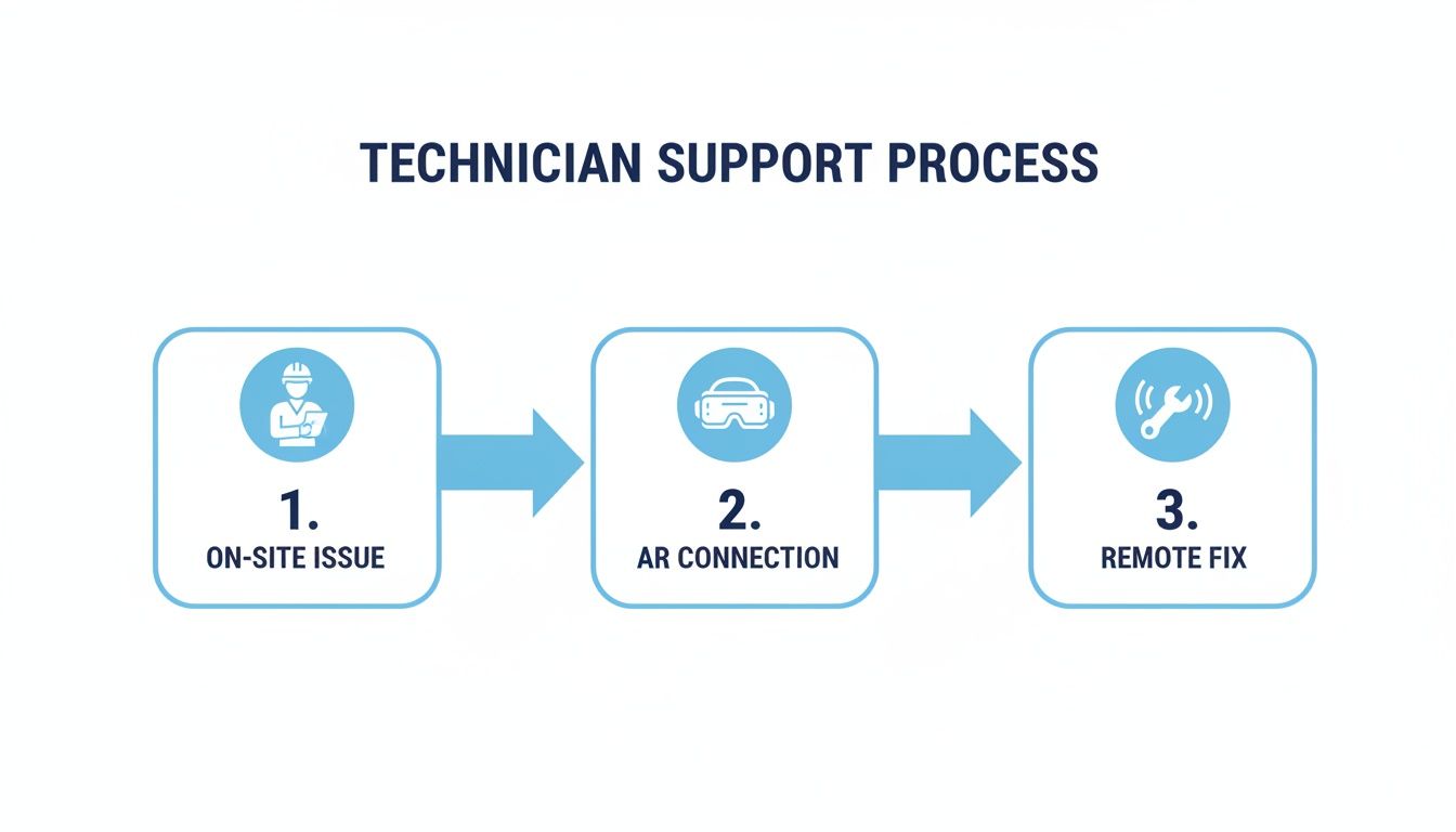 Diagram showing the technician support process: 1. On-site issue, 2. AR connection, 3. Remote fix.