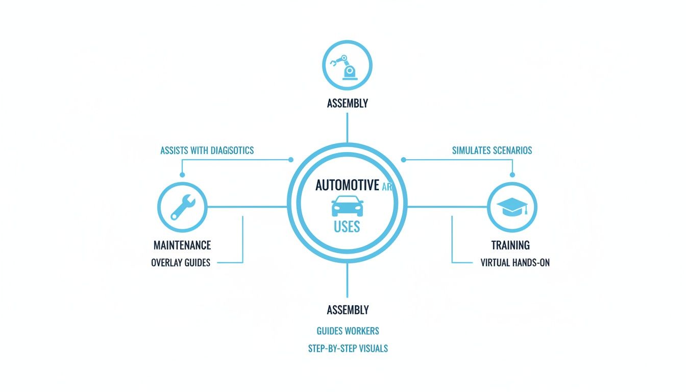 Diagram showing automotive augmented reality uses: assembly guidance, maintenance diagnostics, and virtual training.