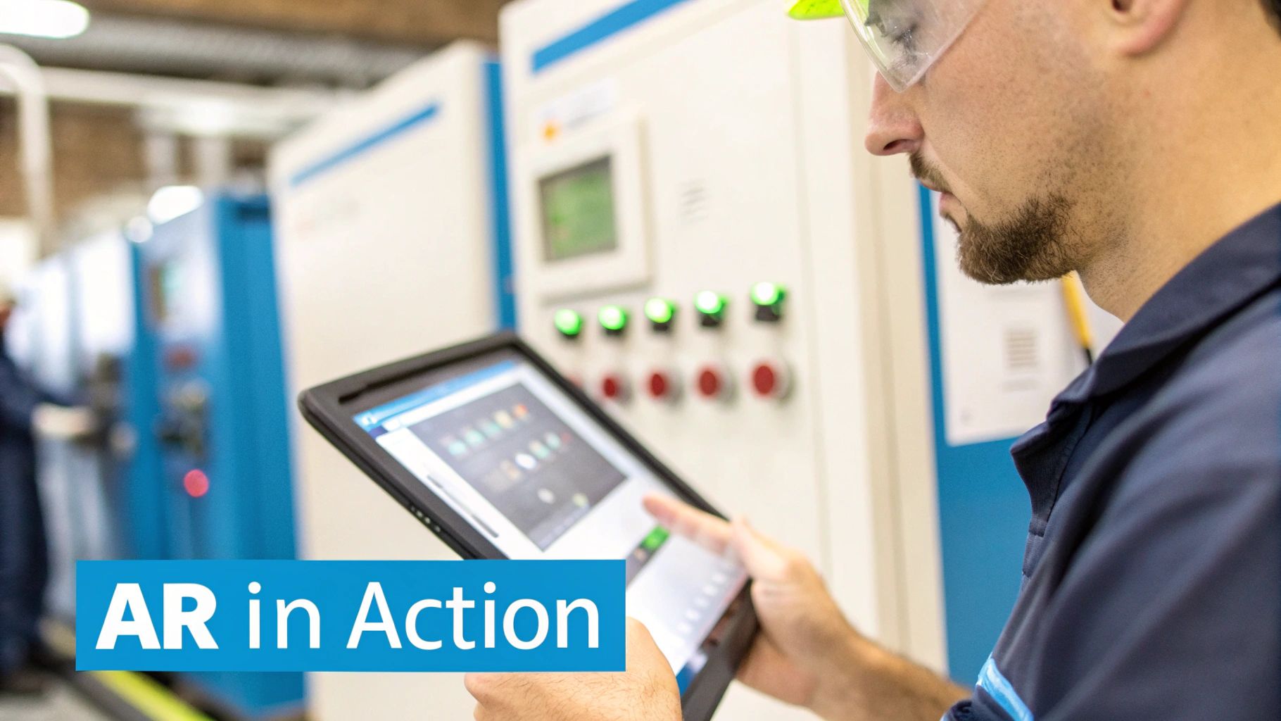 A field technician using AR on a tablet to receive remote expert assistance on a piece of industrial equipment.