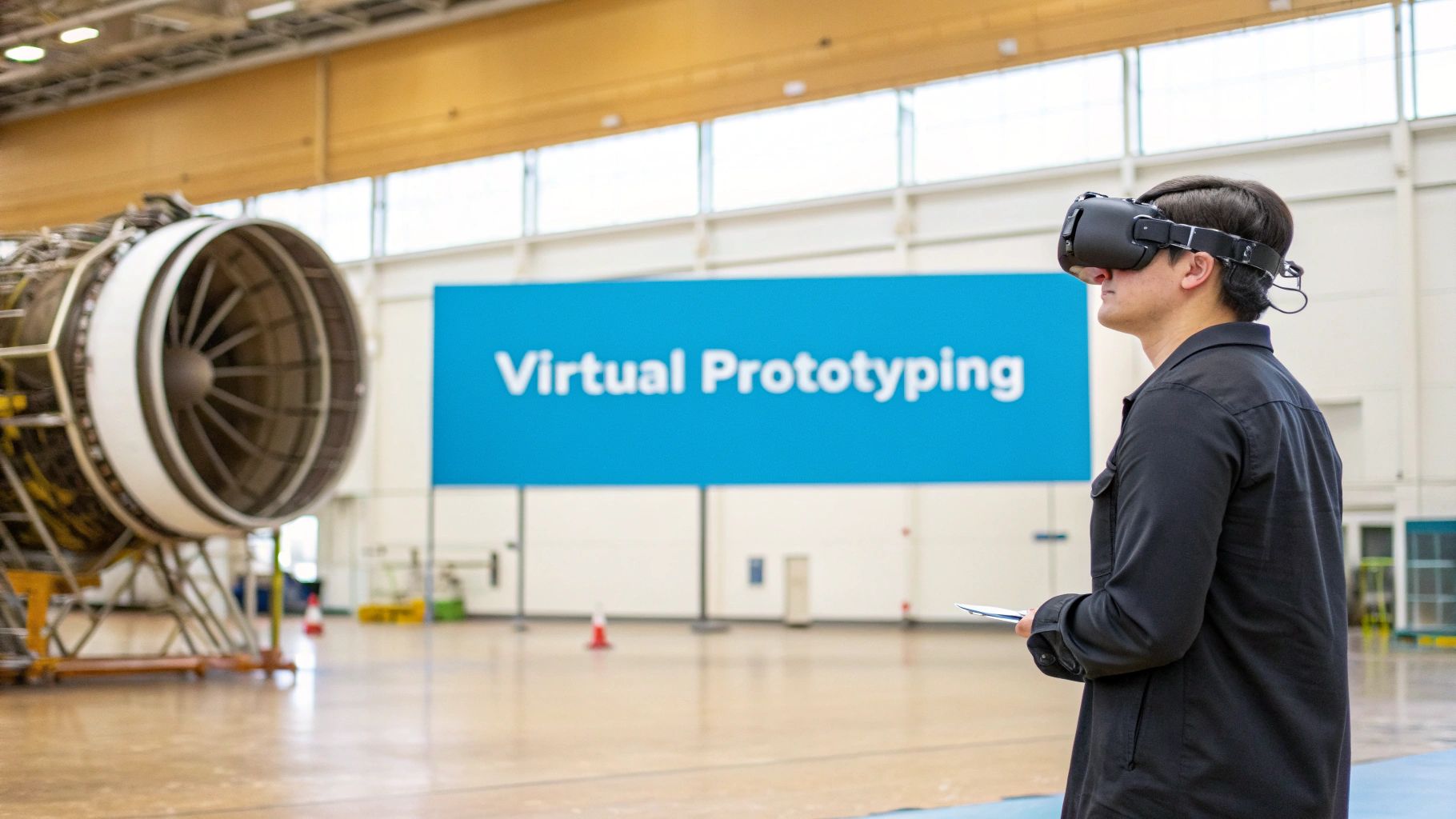 A man wearing a VR headset looks at a jet engine in a facility with a "Virtual Prototyping" sign.