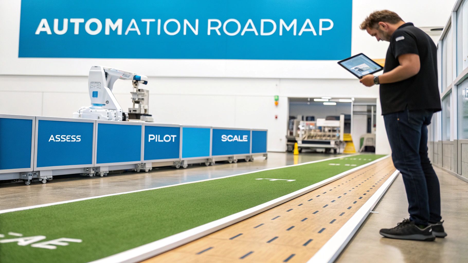 A man reviews a tablet near a robotic arm and an "AUTOMATION ROADMAP" sign in a modern facility.