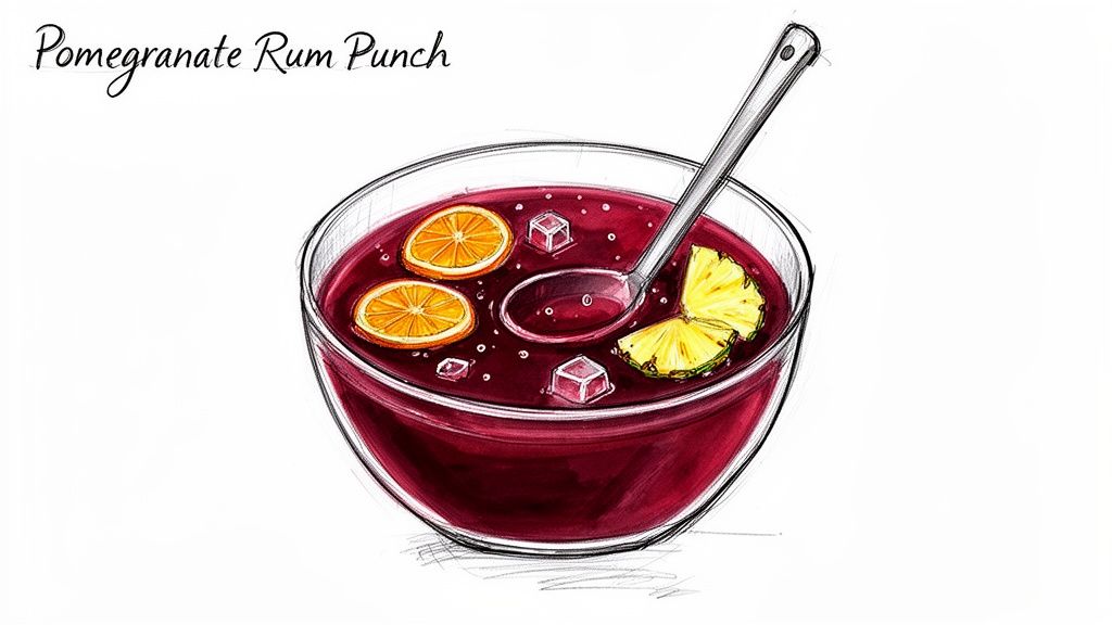 Miseczka ponczu rumowego z granatem, plasterkami pomarańczy i ananasa, kostkami lodu i chochlą.