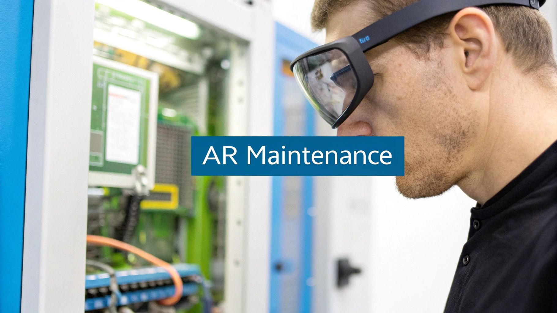 A technician wearing AR glasses to work on industrial equipment.