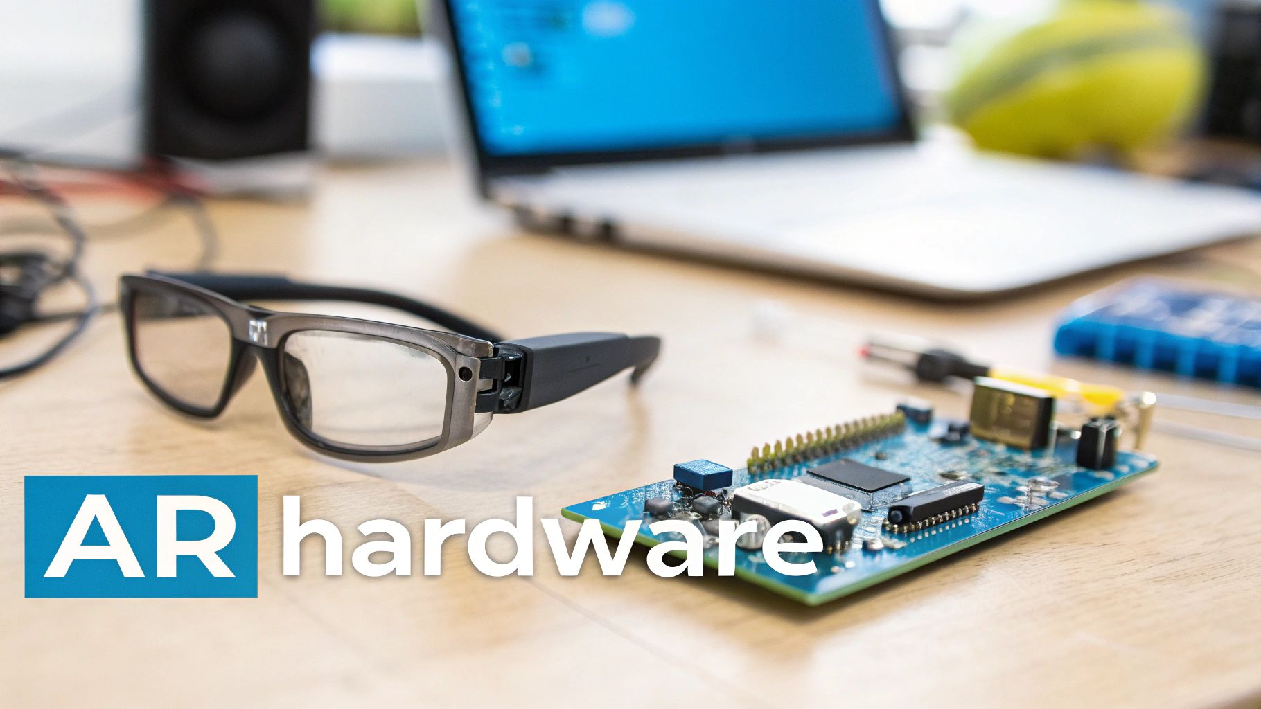 Augmented reality (AR) glasses and a circuit board on a wooden desk with a laptop.