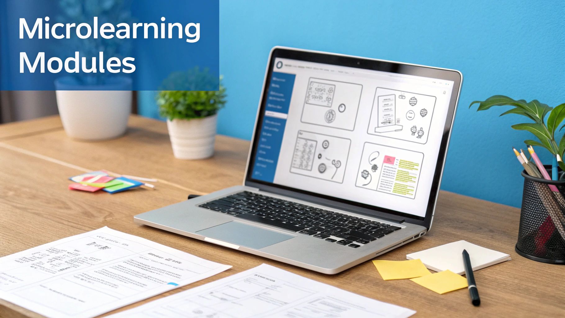 A laptop displaying microlearning modules on a wooden desk with papers, plants, and office supplies.