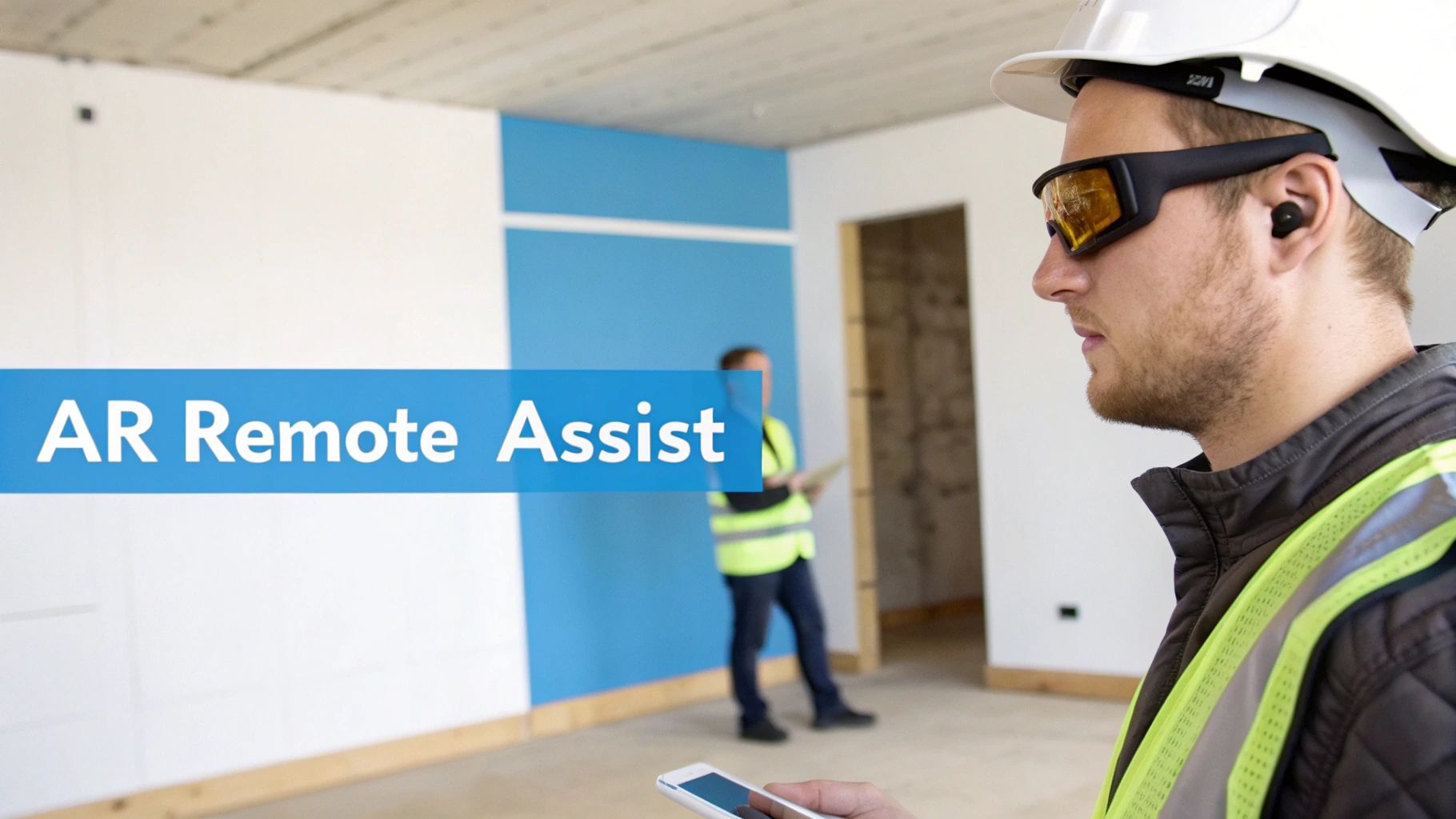 Construction worker with AR safety glasses, earbud, and smartphone, using AR Remote Assist technology on site.