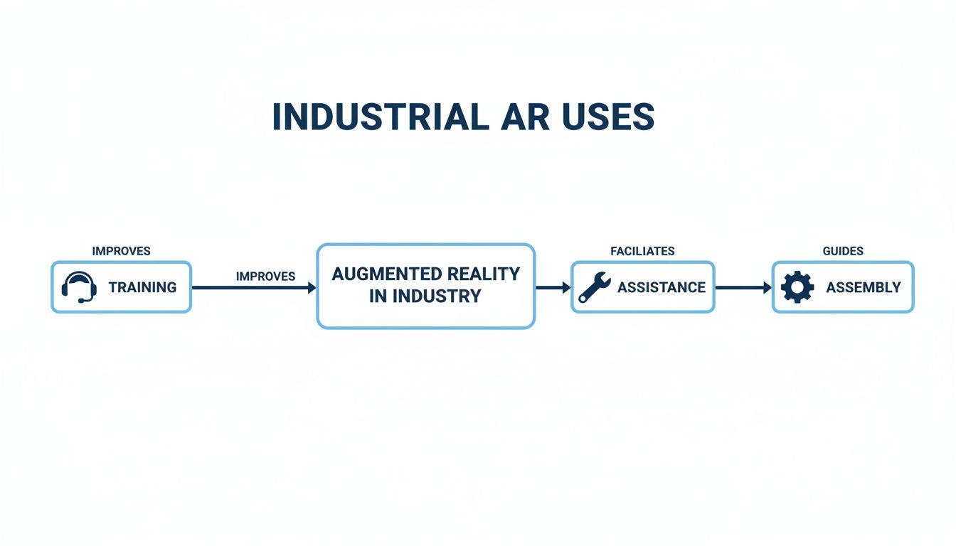 A flowchart showing industrial AR uses, highlighting its role in improving training, facilitating assistance, and guiding assembly.