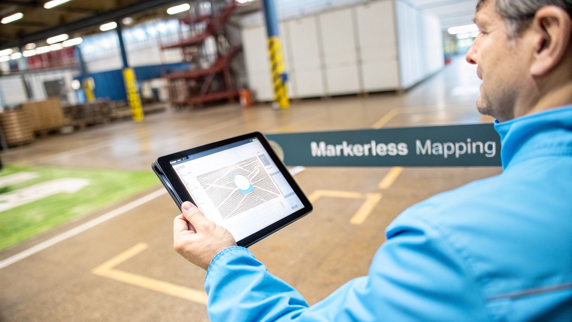 Man in an industrial space uses a tablet displaying a map for markerless mapping technology.
