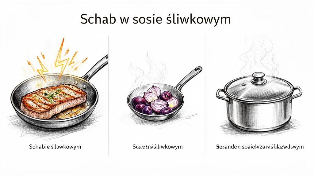 Ilustracja przedstawiająca etapy przygotowania schabu w sosie śliwkowym: smażenie mięsa, duszenie śliwek z cebulą i gotowanie w garnku.