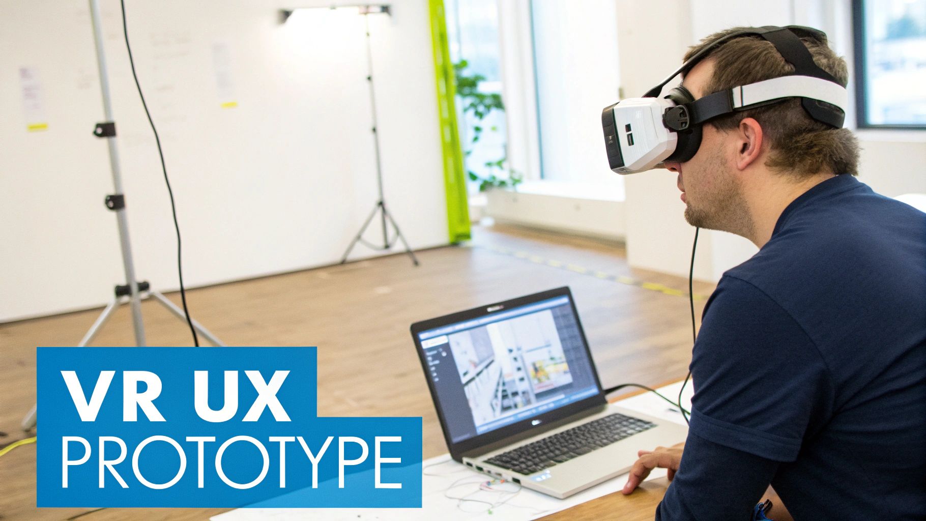 A man wears a VR headset, developing a virtual reality application on a laptop.