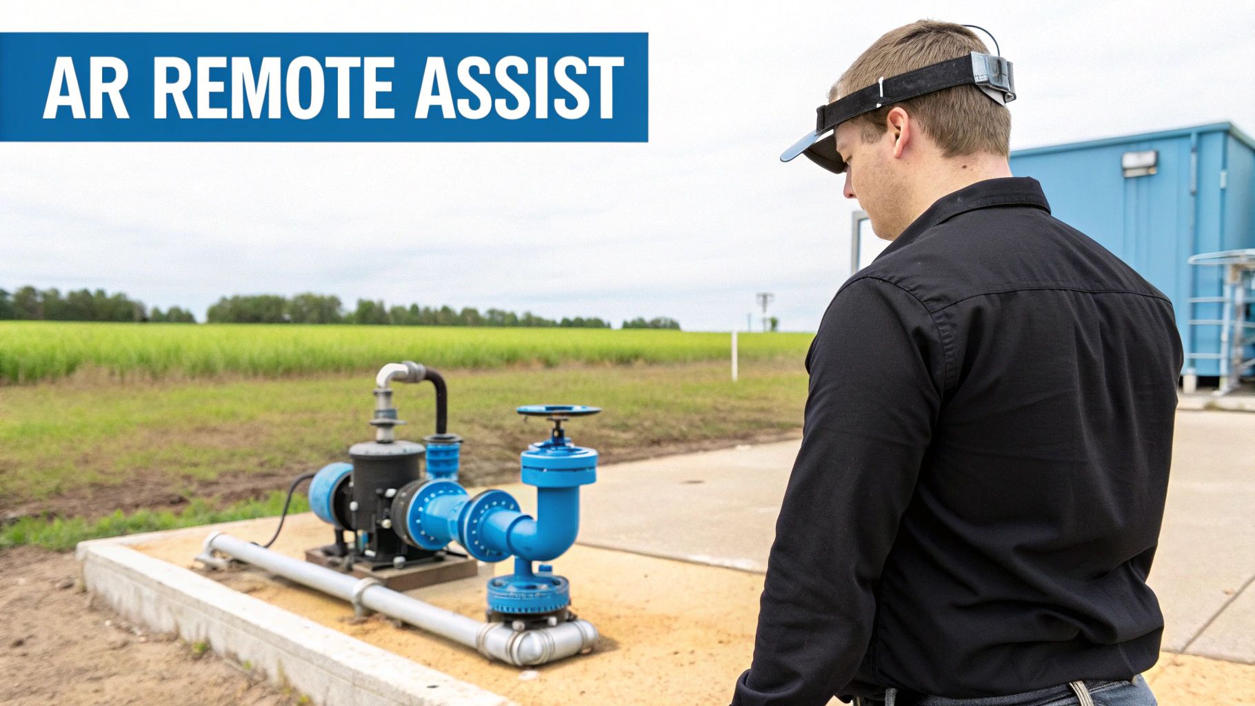 A man wearing an AR visor inspects industrial pumps and pipes in a field, with 'AR REMOTE ASSIST' banner.