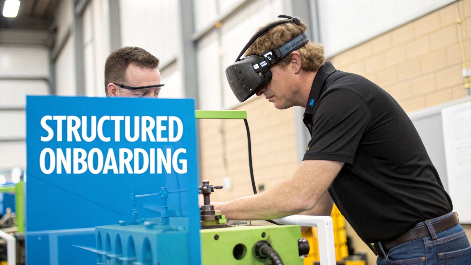 A man in a VR headset works on machinery, with a blue sign reading 'STRUCTURED ONBOARDING' in the foreground.