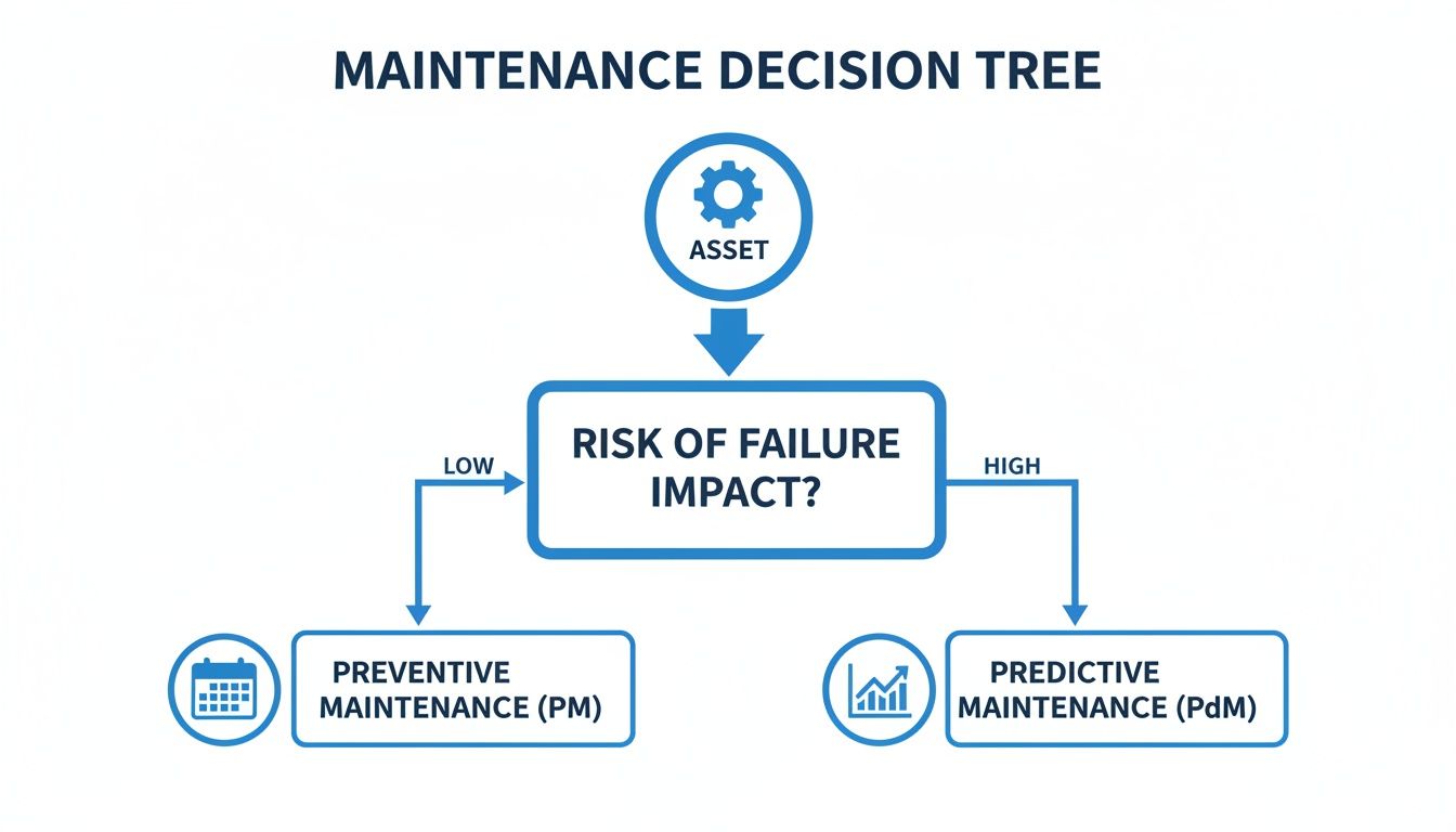 A maintenance decision tree diagram showing choices between preventive and predictive maintenance.