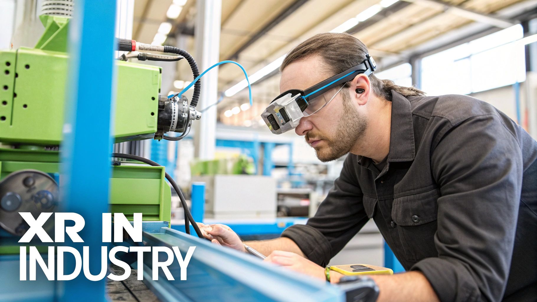 A manufacturing professional using XR glasses to inspect a digital overlay on a piece of industrial equipment.