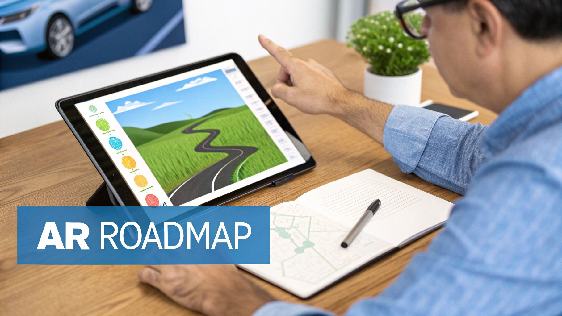 A man interacting with a tablet displaying a winding road landscape, next to a notebook with a notebook with a map.