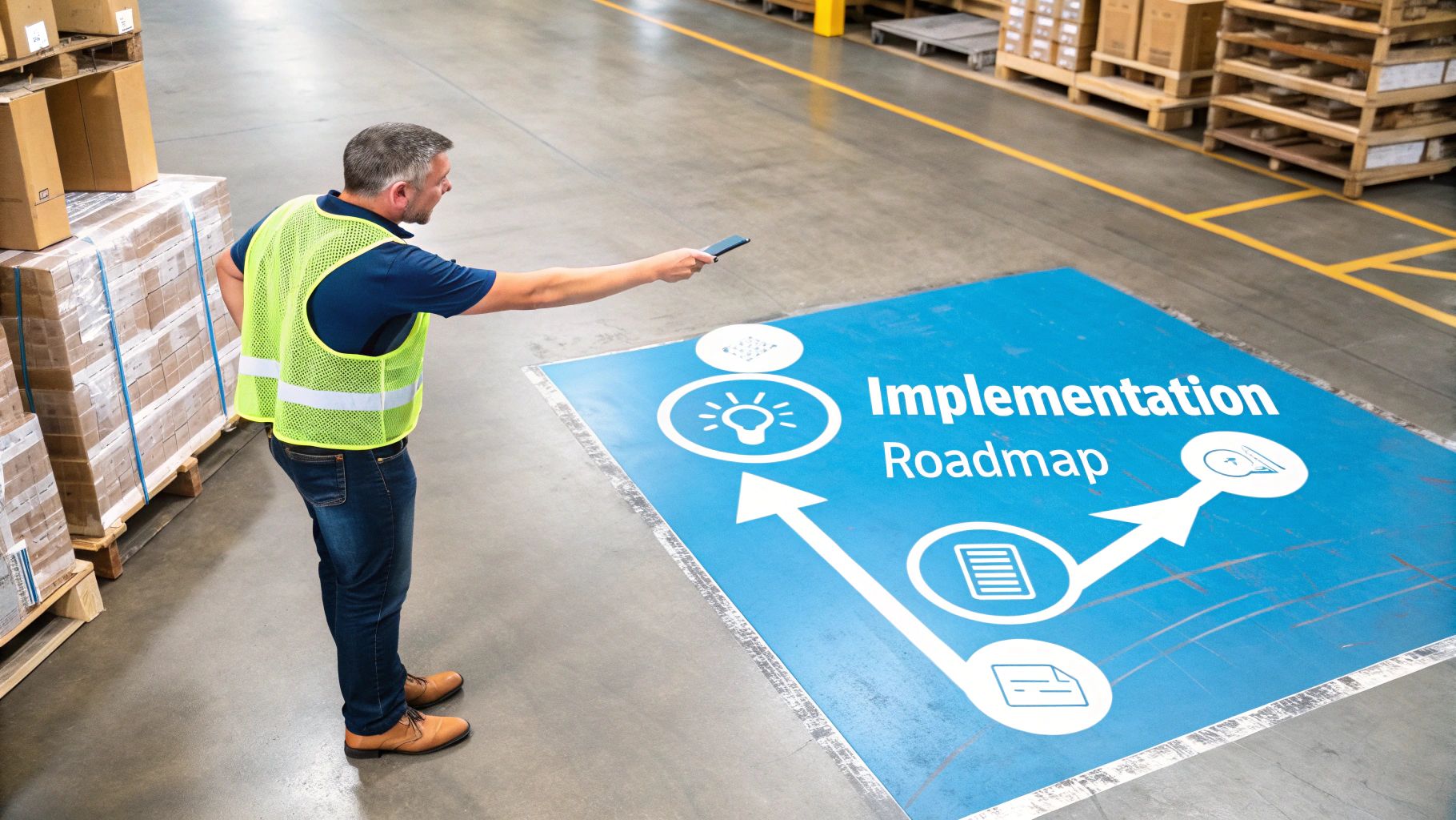 A man in a hi-vis vest uses a smartphone to scan an 'Implementation Roadmap' floor graphic in a warehouse.