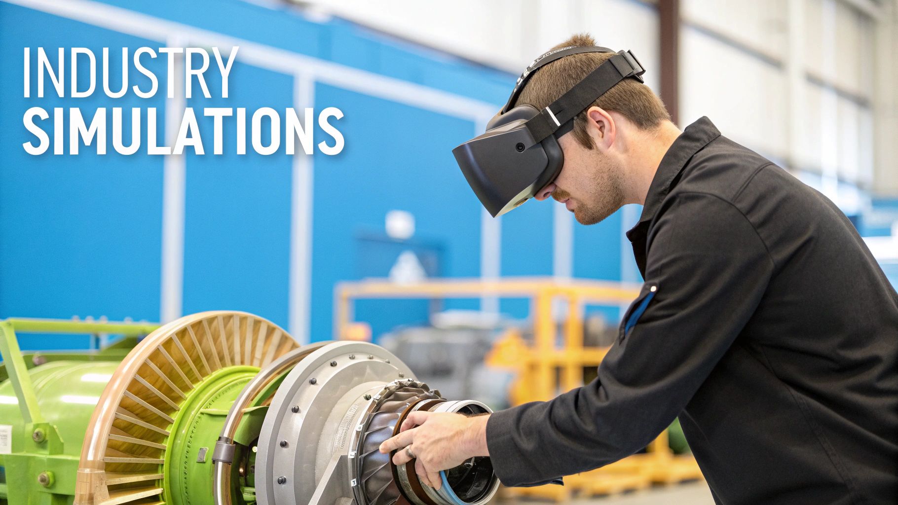 VR headset wearer examines industrial machinery, highlighting immersive training and simulations.