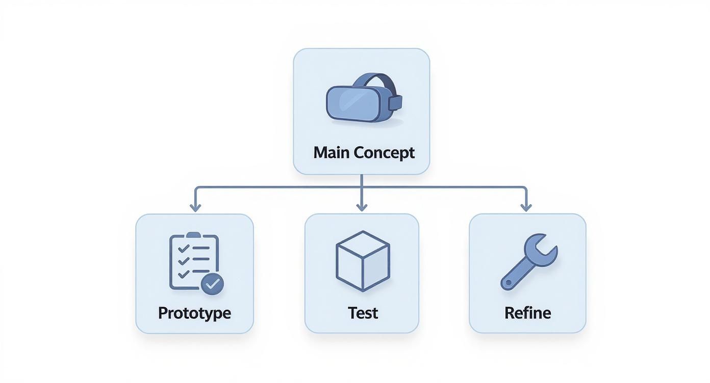 Flowchart showing a virtual reality concept development process: prototype, test, and refine stages.