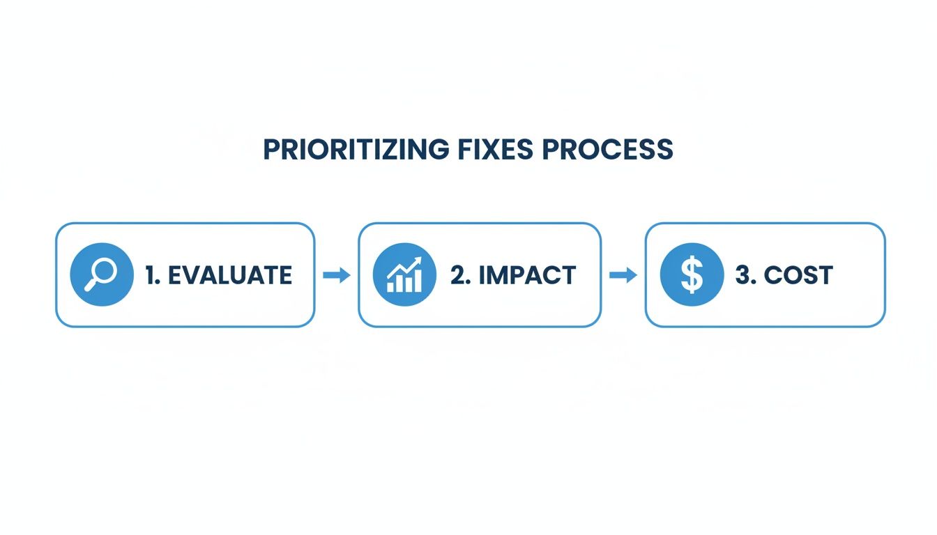 A three-step prioritization process flow diagram: 1. Evaluate, 2. Impact, 3. Cost, with icons.