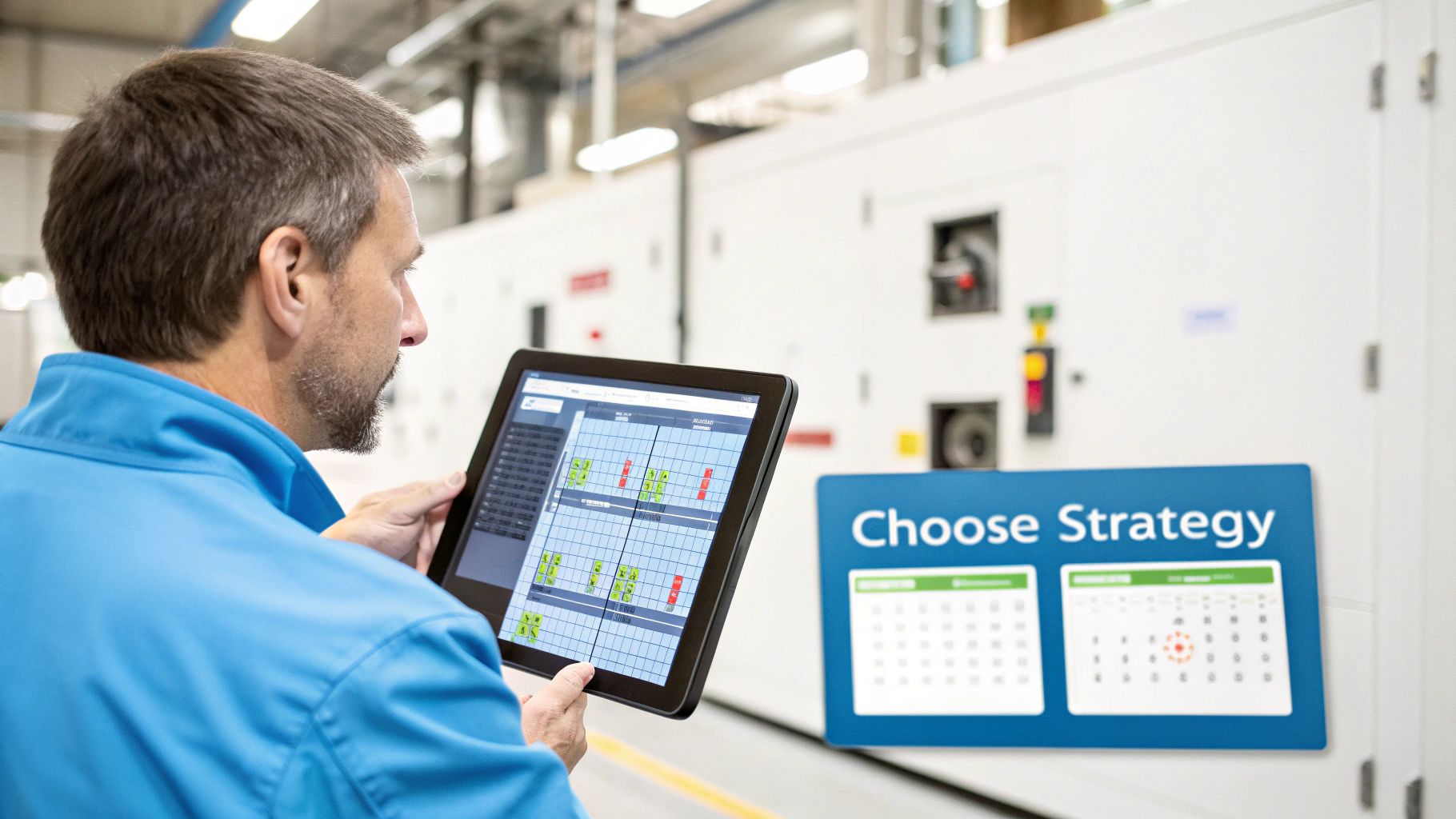 A technician working on industrial machinery, symbolizing maintenance strategy.