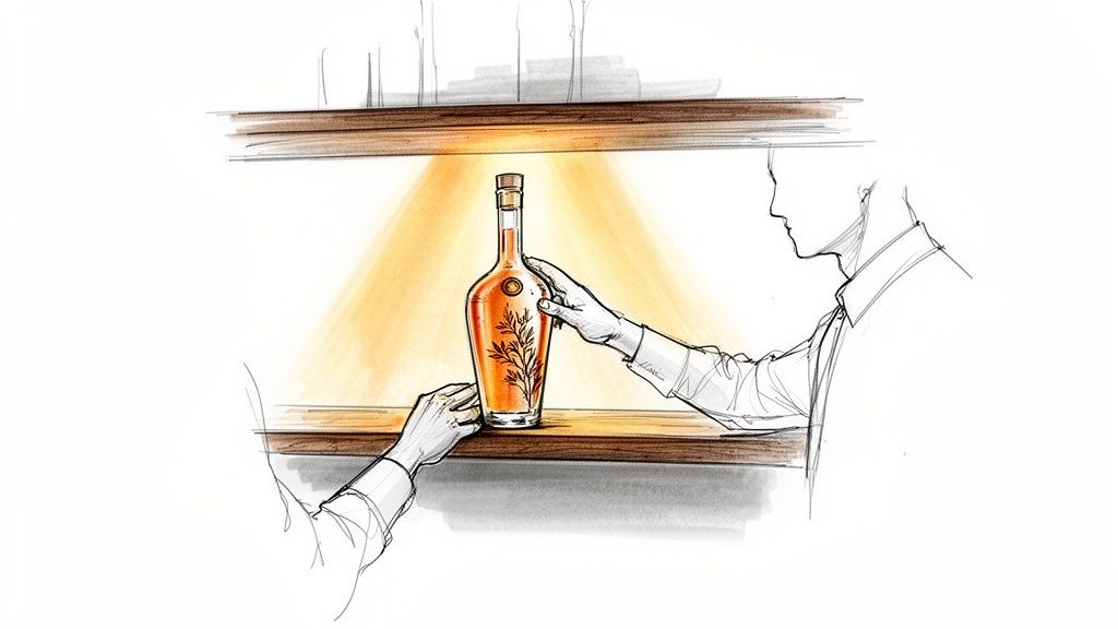 Dłonie sięgające po elegancką butelkę alkoholu z roślinnym wzorem, podświetloną na drewnianej półce.