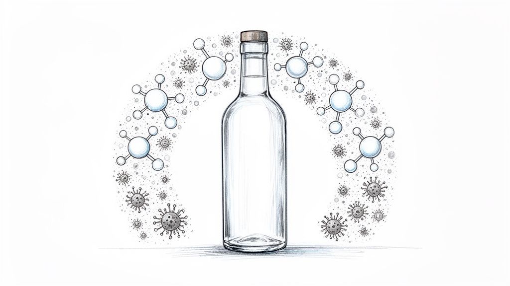 Szklana butelka z korkiem, otoczona abstrakcyjnymi cząsteczkami i wirusami, tworzącymi łuk.