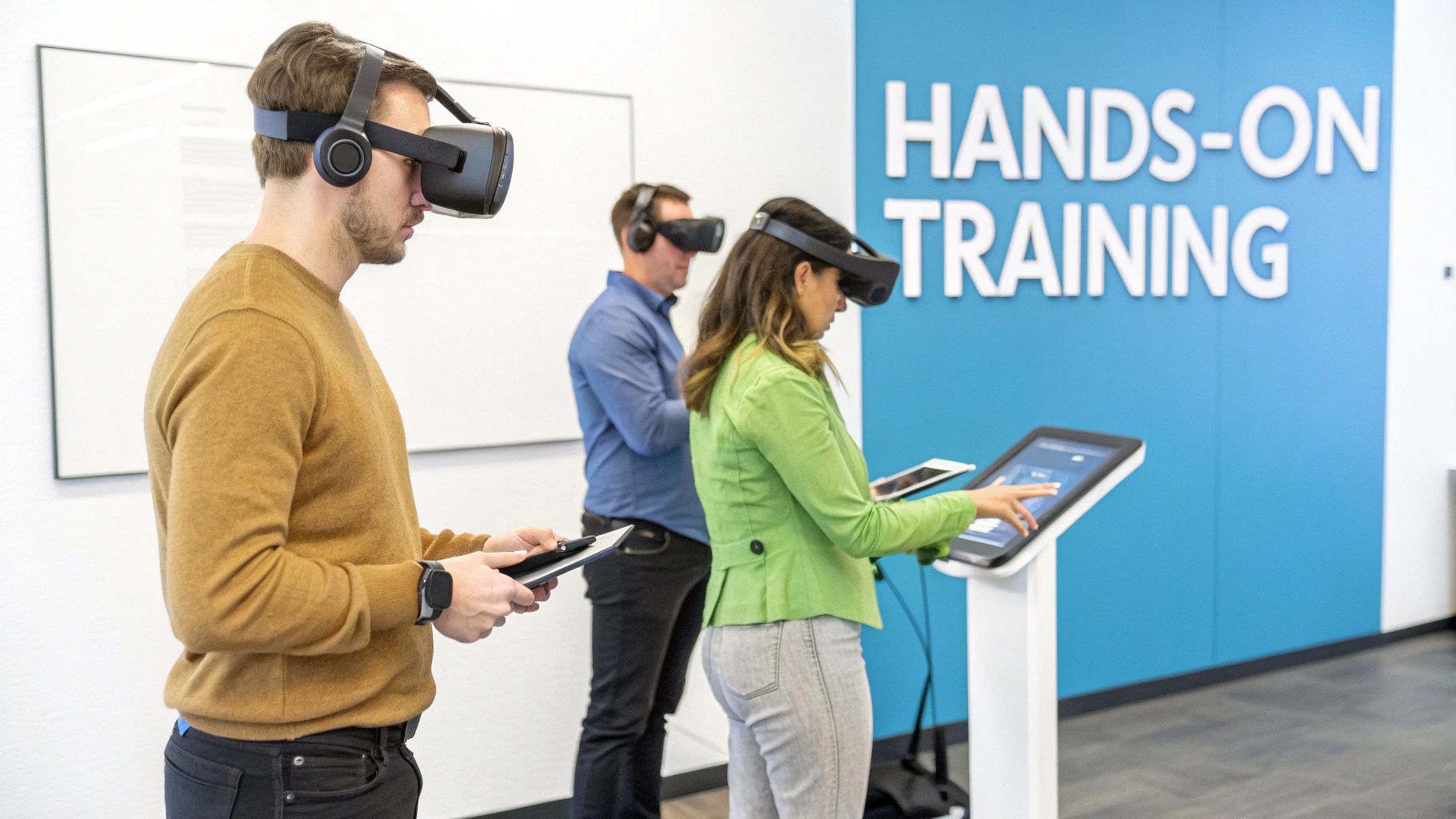 Three individuals wearing VR headsets interact with tablets for hands-on training in a modern setting.