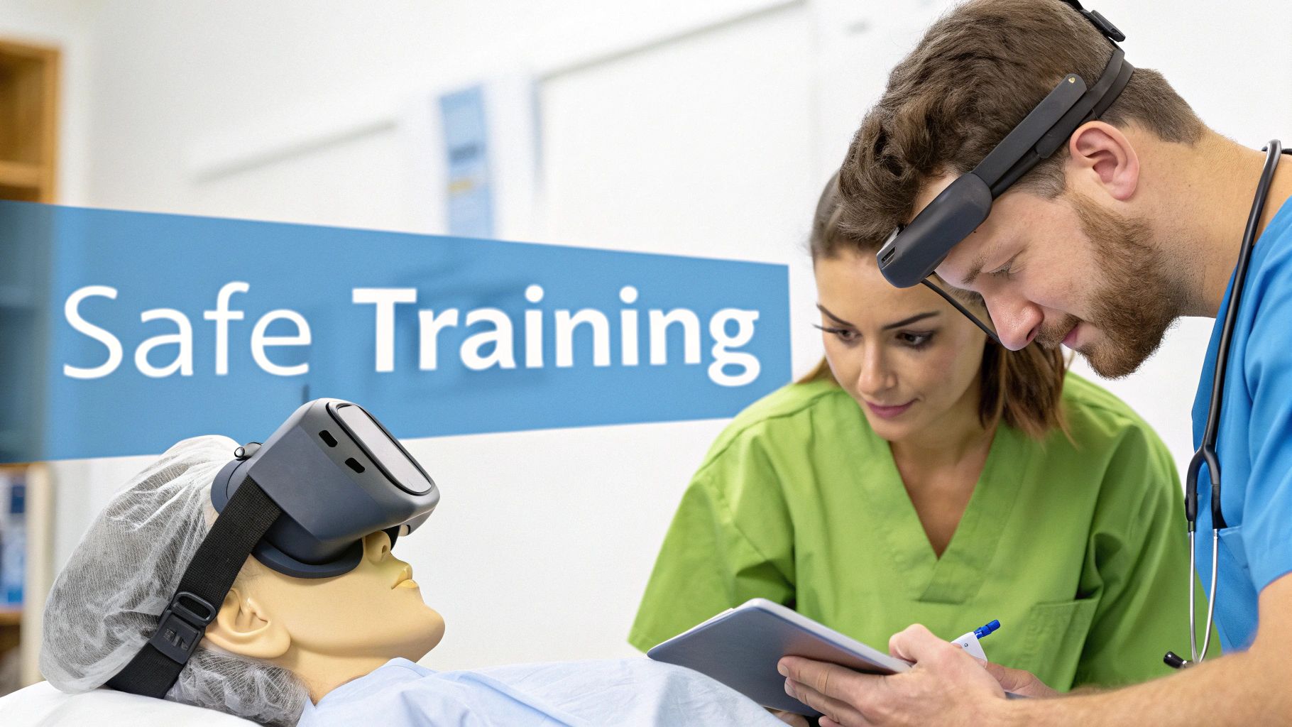 Medical professionals utilize virtual reality headsets and a tablet for safe training with a mannequin.