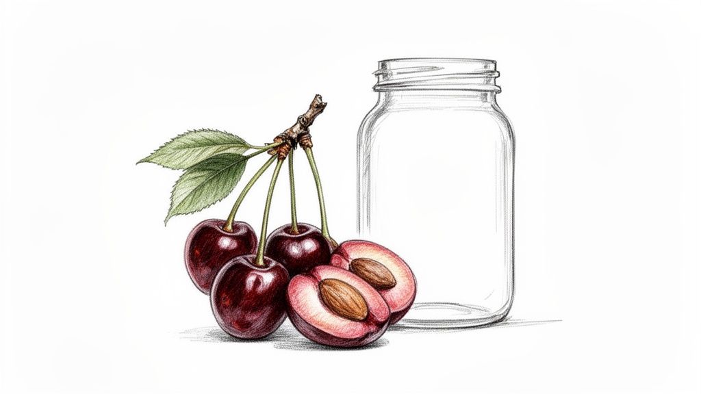 Ilustracja świeżych wiśni z pestkami i liśćmi obok pustego, przezroczystego słoika.