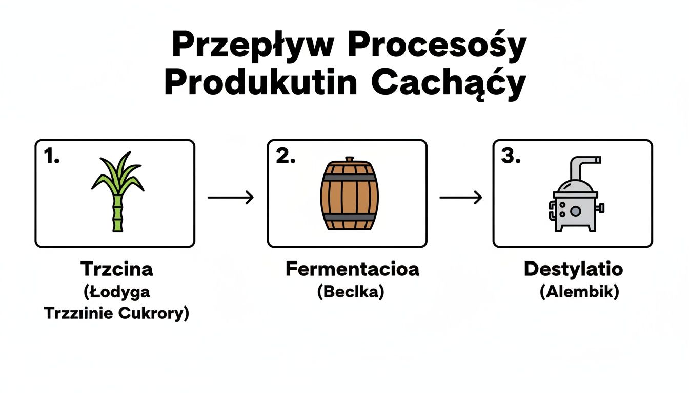 Obraz przedstawia trzystopniowy proces produkcji Cachaçy: trzcina cukrowa, fermentacja w beczce i destylacja w alembiku.