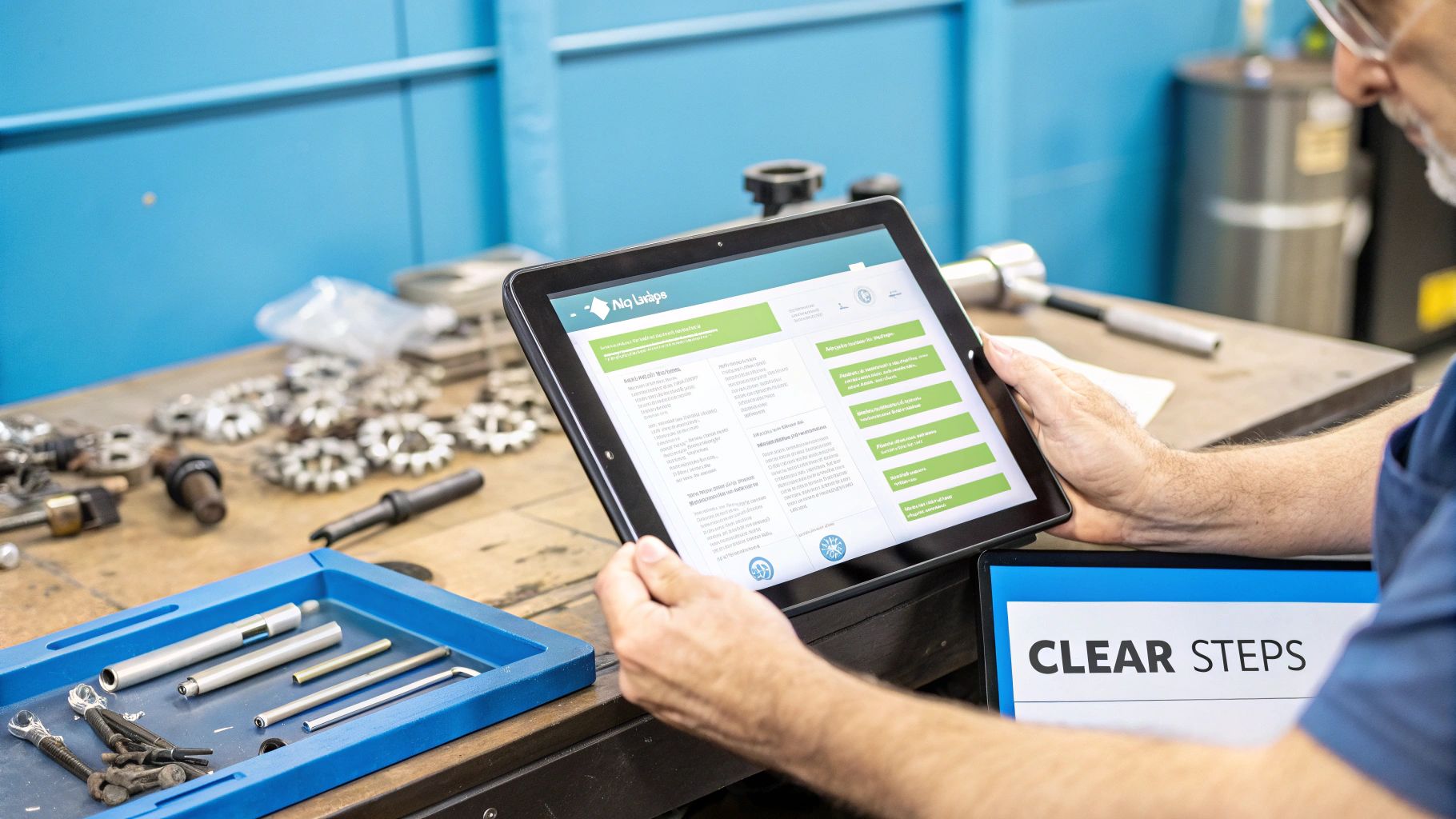 A manufacturing worker carefully inspects a part.