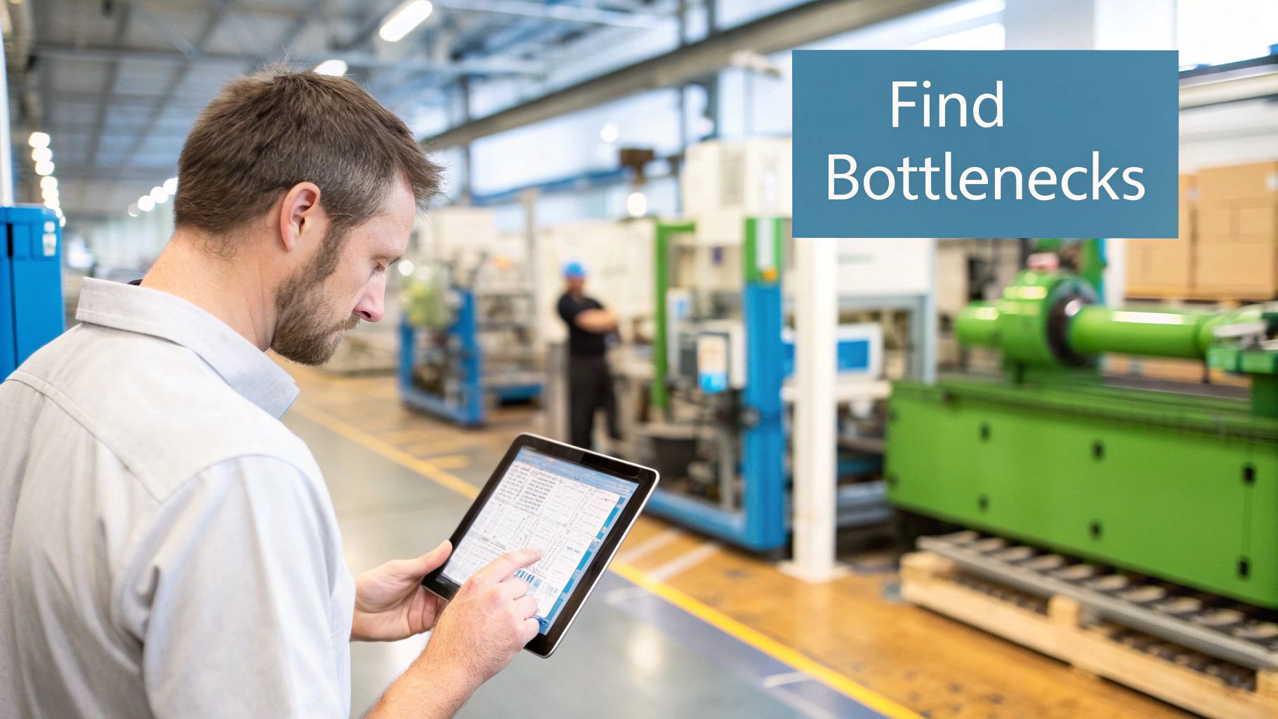 A man in a factory uses a tablet to analyze data, with manufacturing machinery in the background, implying finding bottlenecks.
