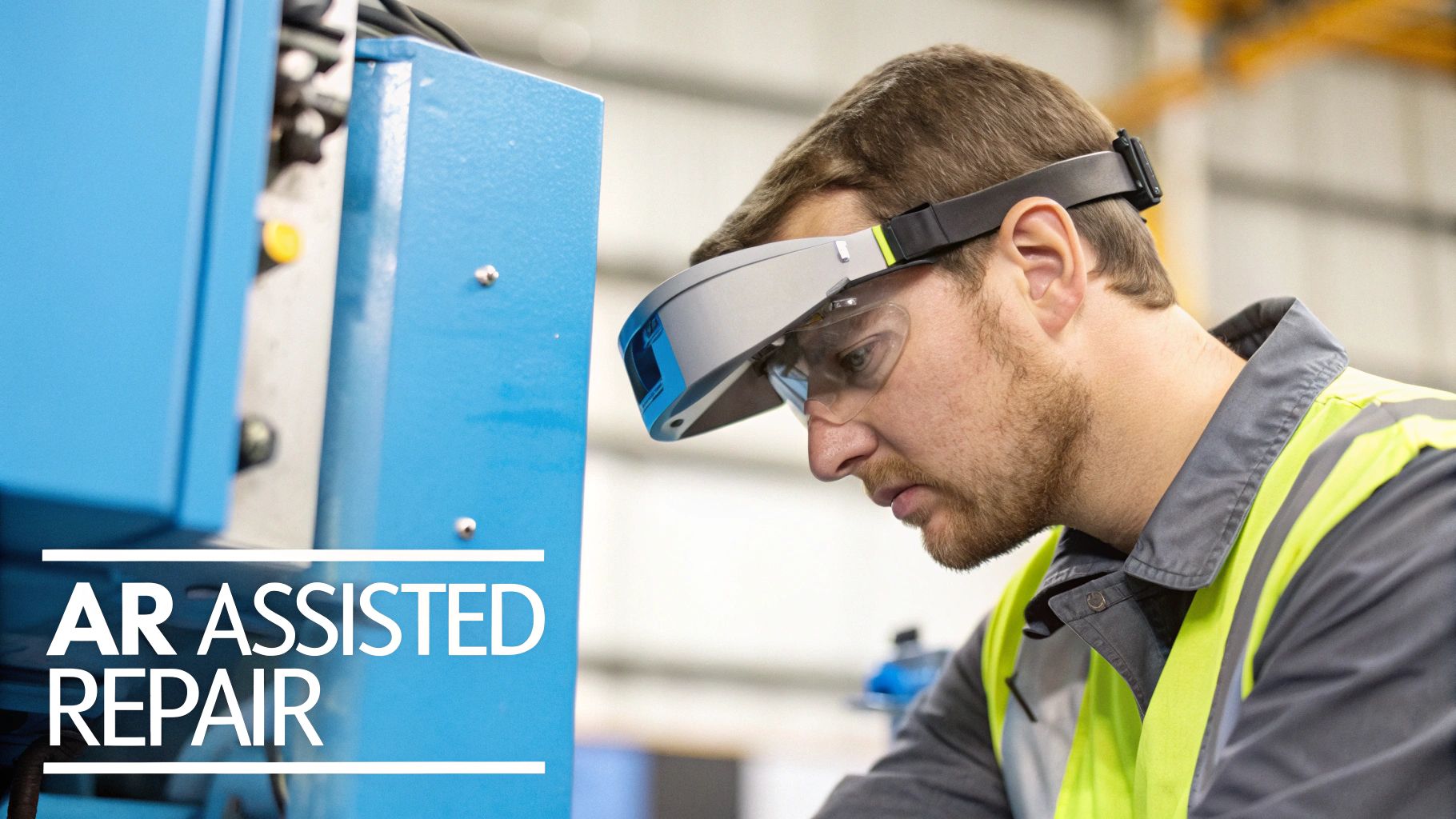 A man in a hi-vis vest and AR headset works on blue industrial equipment, demonstrating AR-assisted repair.