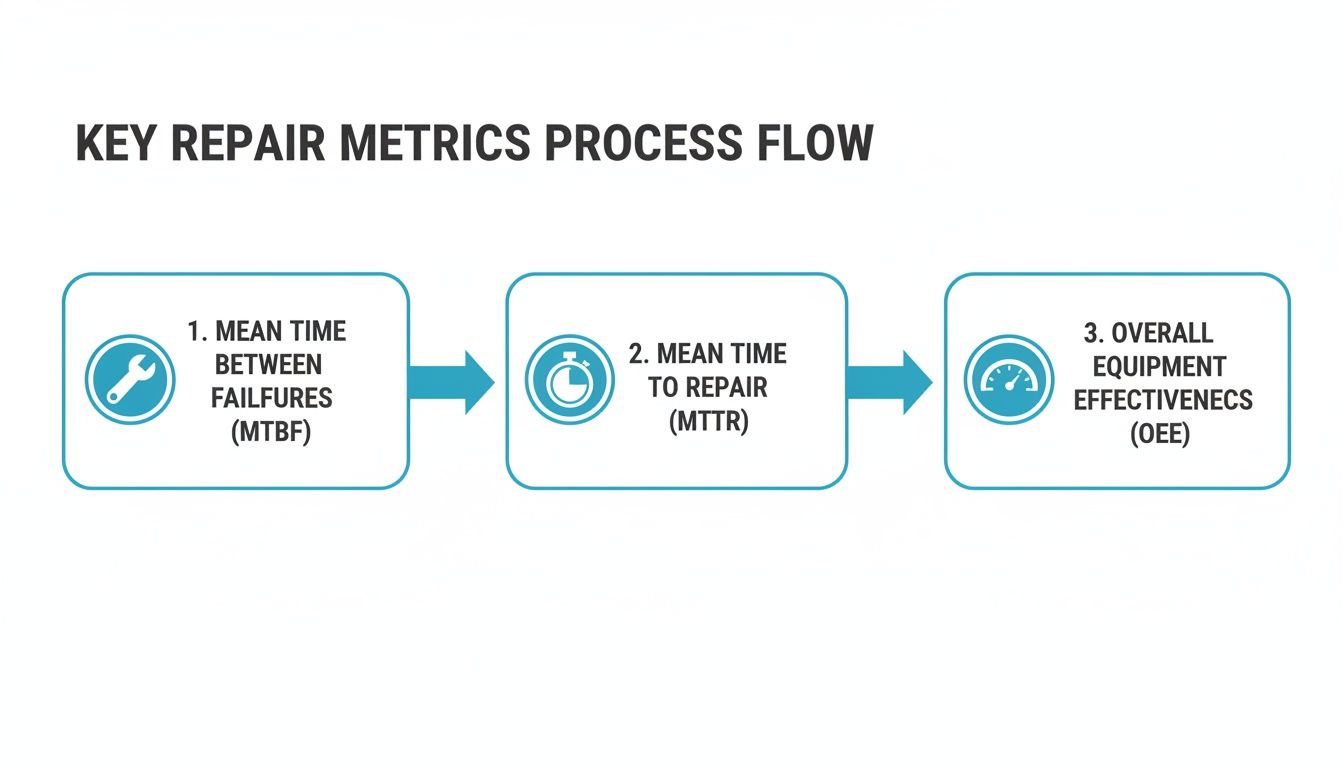 Key repair metrics process flow diagram showing Mean Time Between Failures (MTBF), Mean Time To Repair (MTTR), and Overall Equipment Effectiveness (OEE).