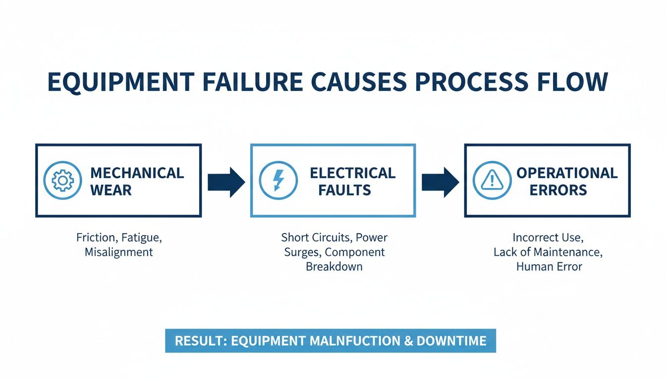 Process flow diagram illustrating common causes of industrial equipment failure, including mechanical wear, electrical faults, and operational errors.