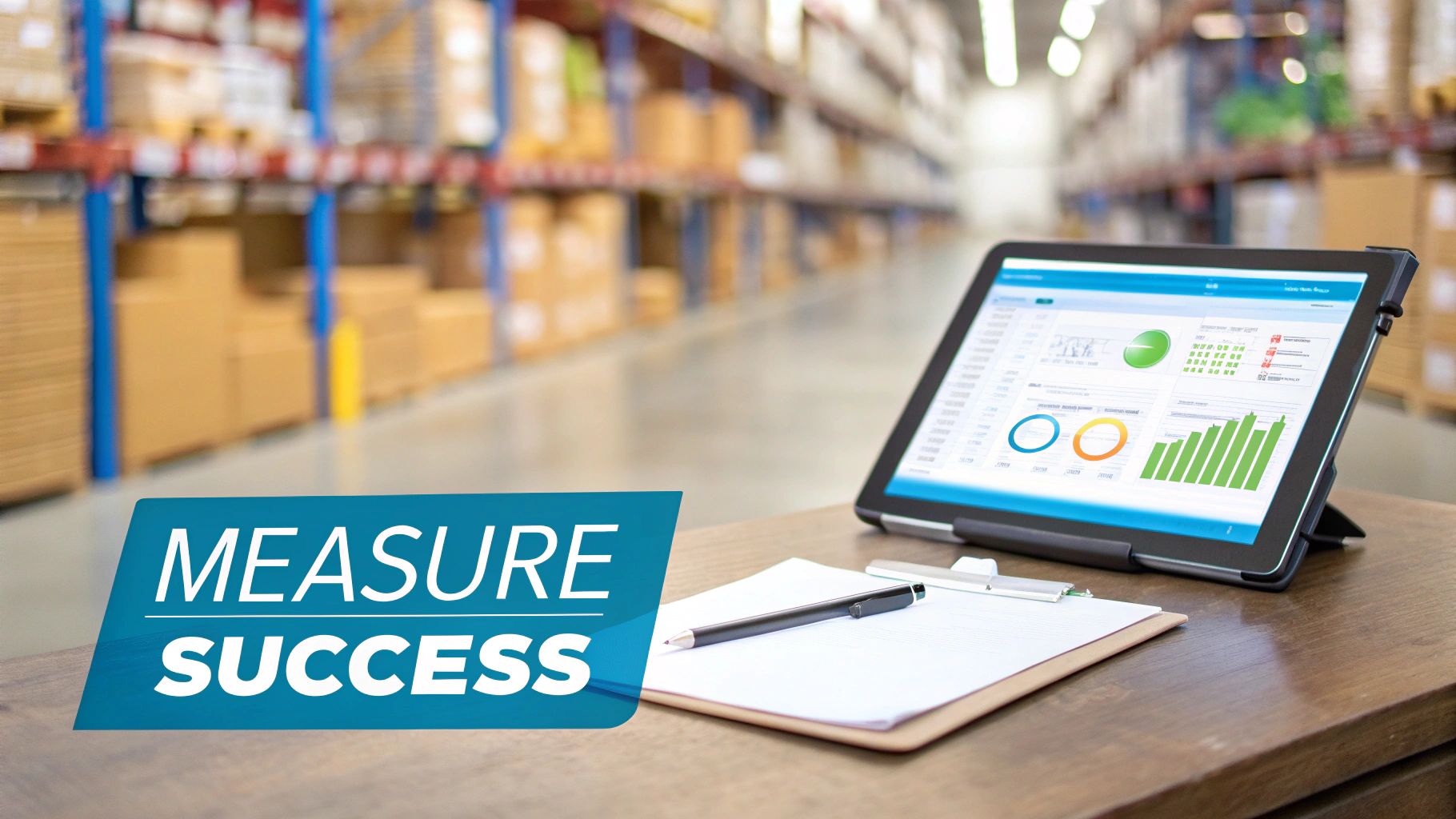 A forklift operator looks at a digital screen showing data and analytics related to training performance.