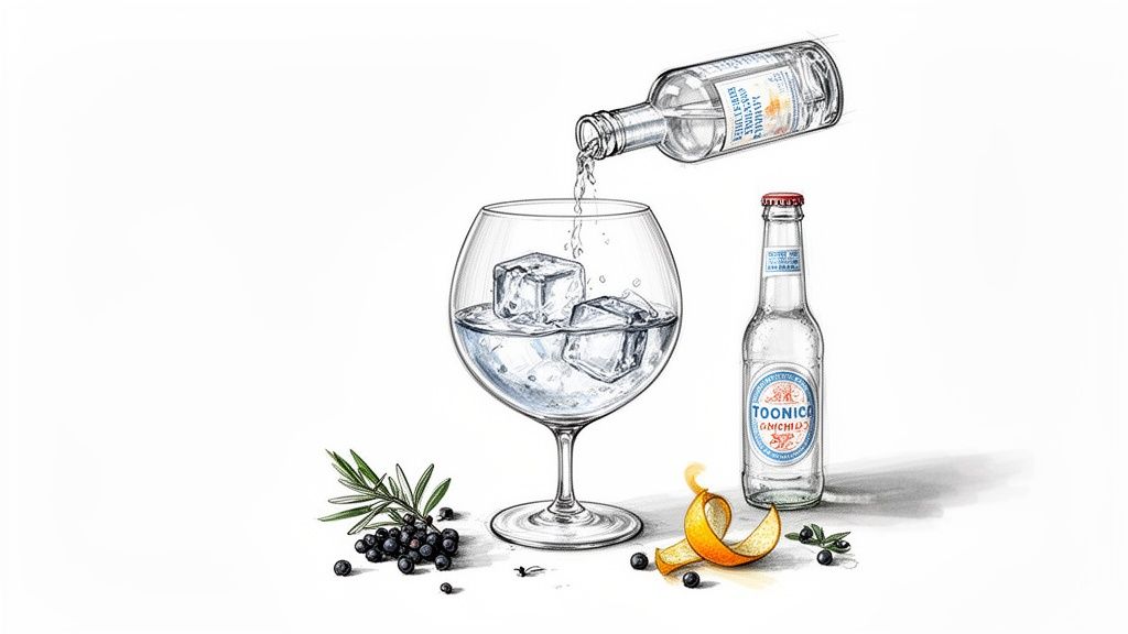 Rysunek ginu z tonikiem w szkle z lodem, butelką toniku, jałowcem i skórką pomarańczową.